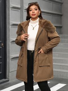 SHEIN Clasi Plus Size Button Drawstring Faux Fur Collar Patchwork Hooded Jacket Thanksgiving Club Office Party Holiday Going Out Brown Winter Casual Cargo Baggy - Brown - View 12