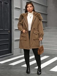 SHEIN Clasi Plus Size Button Drawstring Faux Fur Collar Patchwork Hooded Jacket Thanksgiving Club Office Party Holiday Going Out Brown Winter Casual Cargo Baggy - Brown - View 13