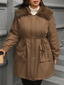 SHEIN Clasi Plus Size Button Drawstring Faux Fur Collar Patchwork Hooded Jacket Thanksgiving Club Office Party Holiday Going Out Brown Winter Casual Cargo Baggy - Brown - View 10