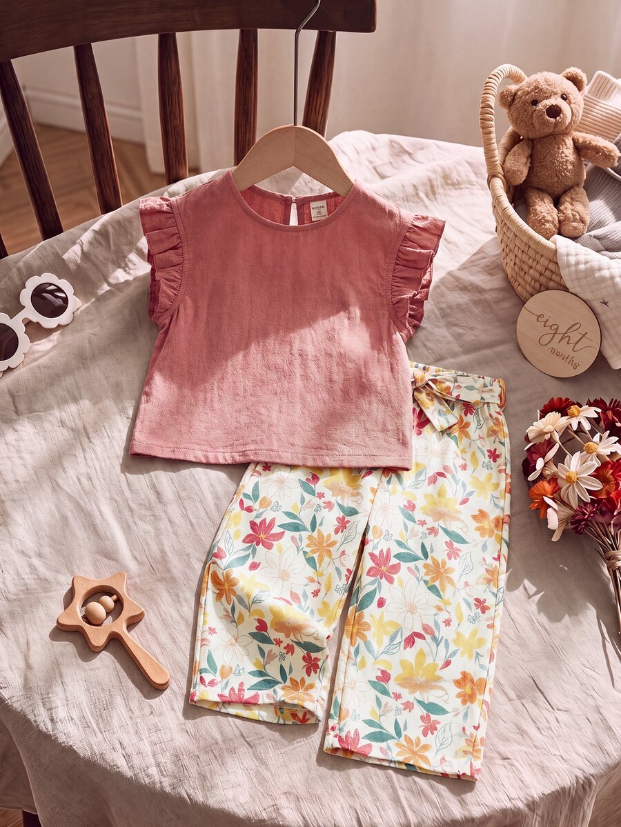 SHEIN LMoss Kids 2 件套女婴纯色荷叶边领衬衫和宽松碎花裤套装 - 彩色 - 查看 1