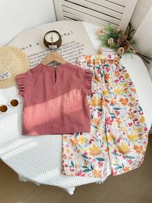 SHEIN LMoss Kids 2 件套女婴纯色荷叶边领衬衫和宽松碎花裤套装 - 彩色 - 查看 3
