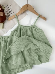 SHEIN LMoss Kids Young Girl's Summer Casual Loose Tank Top & Wide-Leg Ruffle Shorts 2pcs Set - Green - View 6