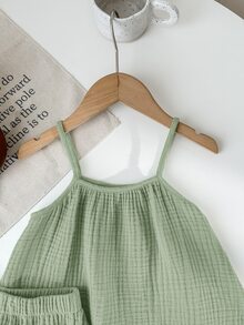 SHEIN LMoss Kids Young Girl's Summer Casual Loose Tank Top & Wide-Leg Ruffle Shorts 2pcs Set - Green - View 4