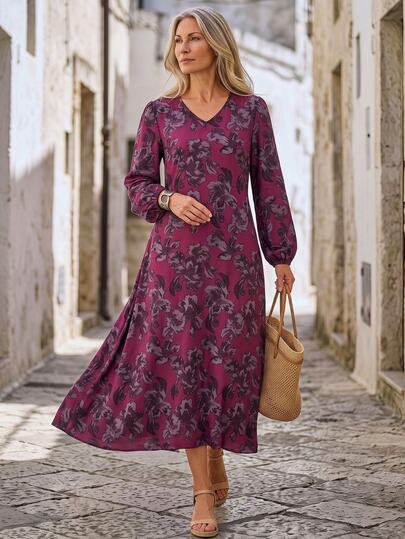 Hansera V-Neck Long Sleeve Lantern Sleeve Floral Print Tie Bow Elegant Vacation Outdoor Party Casual Middle-Aged Women Dress