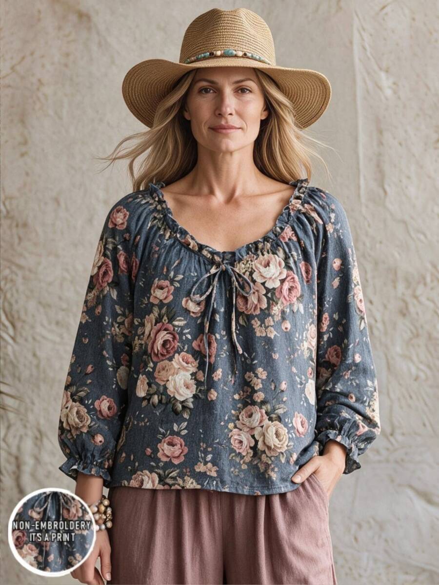SHEIN Fashion Floral Pattern Front Tie Gray Middle-Aged Women's Top - Multicolor - View 1