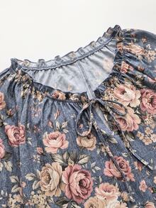 SHEIN Fashion Floral Pattern Front Tie Gray Middle-Aged Women's Top - Multicolor - View 4
