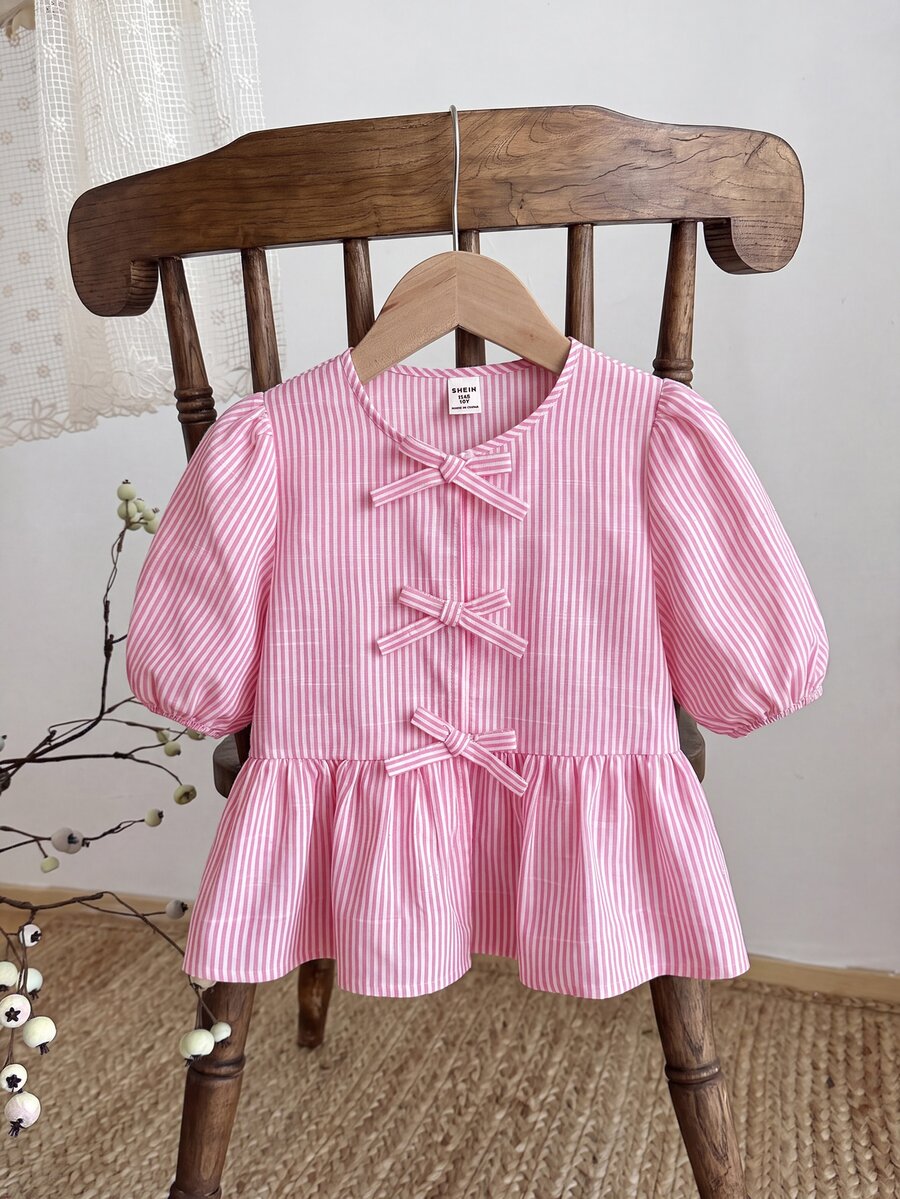 SHEIN LMoss Kids Tween Girl Pink And White Striped Blouse,Summer Casual Tea Party Fitted Round Neck Buttoned Ruffle Trim Puff Sleeve Mommy And Me Back To School Top - Baby Pink - View 1