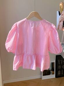 SHEIN LMoss Kids Tween Girl Pink And White Striped Blouse,Summer Casual Tea Party Fitted Round Neck Buttoned Ruffle Trim Puff Sleeve Mommy And Me Back To School Top - Baby Pink - View 3