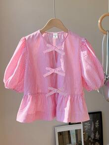 SHEIN LMoss Kids Tween Girl Pink And White Striped Blouse,Summer Casual Tea Party Fitted Round Neck Buttoned Ruffle Trim Puff Sleeve Mommy And Me Back To School Top - Baby Pink - View 2