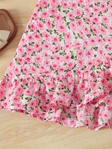 SHEIN LMoss Kids 2pcs/Set Young Girl Casual Comfortable Solid Color Tank Top And Ditsy Floral Mini Skirt, Pink - Pink - View 6
