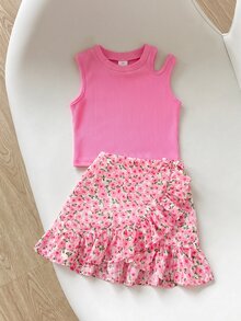SHEIN LMoss Kids 2pcs/Set Young Girl Casual Comfortable Solid Color Tank Top And Ditsy Floral Mini Skirt, Pink - Pink - View 1