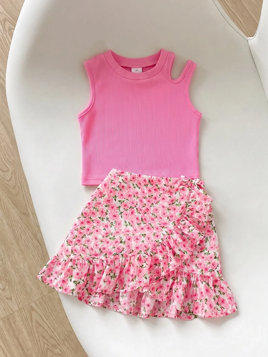 SHEIN LMoss Kids 2pcs/Set Young Girl Casual Comfortable Solid Color Tank Top And Ditsy Floral Mini Skirt, Pink - Pink - View 1