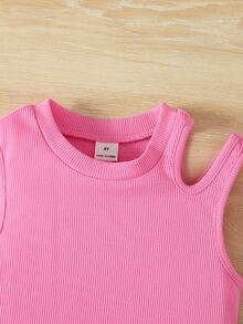 SHEIN LMoss Kids 2pcs/Set Young Girl Casual Comfortable Solid Color Tank Top And Ditsy Floral Mini Skirt, Pink - Pink - View 4
