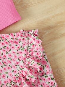 SHEIN LMoss Kids 2pcs/Set Young Girl Casual Comfortable Solid Color Tank Top And Ditsy Floral Mini Skirt, Pink - Pink - View 5