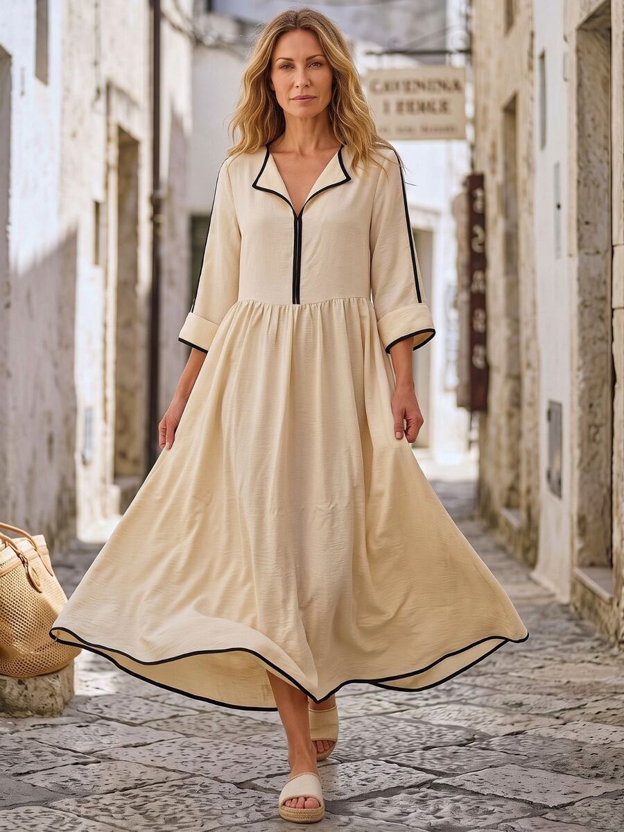 Hansera Middle-Aged Women 3/4 Sleeve Cuffed Casual Dress - Apricot - View 1
