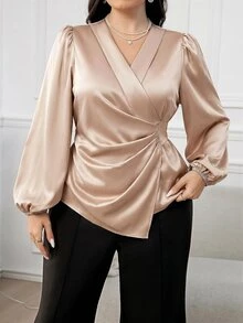 Modelyn Plus Size Elegant Business Casual 70's Commute Dinner Office Evening Formal Wedding Solid Color Wrap Blouse Champagne Fall Teachers' Day Christmas - Khaki - View 5