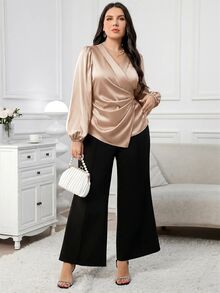 Modelyn Plus Size Elegant Business Casual 70's Commute Dinner Office Evening Formal Wedding Solid Color Wrap Blouse Champagne Fall Teachers' Day Christmas - Khaki - View 6