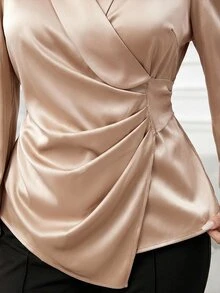 Modelyn Plus Size Elegant Business Casual 70's Commute Dinner Office Evening Formal Wedding Solid Color Wrap Blouse Champagne Fall Teachers' Day Christmas - Khaki - View 3