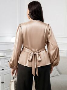 Modelyn Plus Size Elegant Business Casual 70's Commute Dinner Office Evening Formal Wedding Solid Color Wrap Blouse Champagne Fall Teachers' Day Christmas - Khaki - View 2