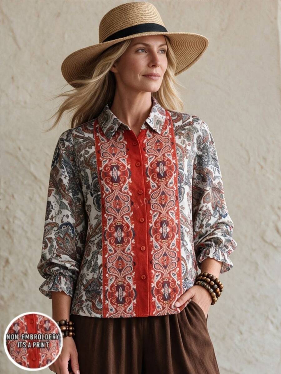 Hansera Floral Pattern Long Sleeve Single-Breasted Casual Shirt For Middle-Aged And Elderly Women - Multicolor - View 1