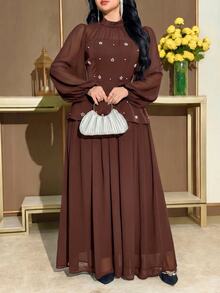 Modelyn Plus Size Women's Faux Pearl Decor Fashion Party Dinner Formal Evening Casual Romantic Elegant Dress Wedding Brown Fall - Coffee Brown - View 2