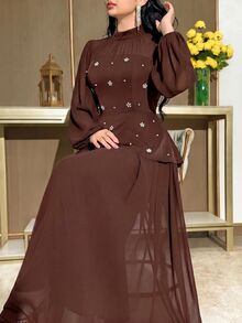 Modelyn Plus Size Women's Faux Pearl Decor Fashion Party Dinner Formal Evening Casual Romantic Elegant Dress Wedding Brown Fall - Coffee Brown - View 3
