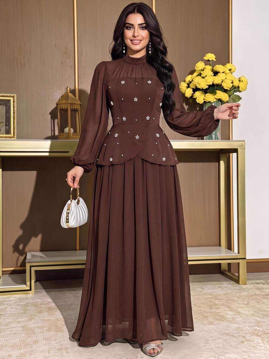 Modelyn Plus Size Women's Faux Pearl Decor Fashion Party Dinner Formal Evening Casual Romantic Elegant Dress Wedding Brown Fall - Coffee Brown - View 1