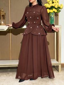 Modelyn Plus Size Women's Faux Pearl Decor Fashion Party Dinner Formal Evening Casual Romantic Elegant Dress Wedding Brown Fall - Coffee Brown - View 5