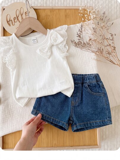 SHEIN LMoss Kids 女婴可爱休闲百搭针织蝴蝶结短袖上衣