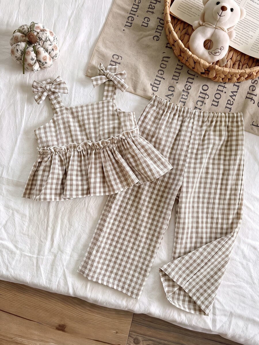SHEIN LMoss Kids LMoss Baby Girls Summer Cute Striped Camisole And Elastic Waist Pants 2 Pieces Set Girl Gingham Two Outfit - Multicolor - View 1