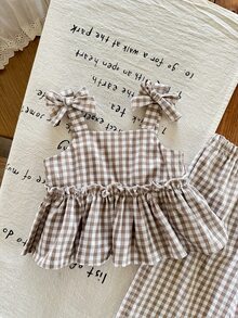 SHEIN LMoss Kids LMoss Baby Girls Summer Cute Striped Camisole And Elastic Waist Pants 2 Pieces Set Girl Gingham Two Outfit - Multicolor - View 3
