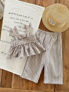 SHEIN LMoss Kids LMoss Baby Girls Summer Cute Striped Camisole And Elastic Waist Pants 2 Pieces Set Girl Gingham Two Outfit - Multicolor - View 2