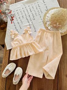 SHEIN LMoss Kids Babygirl 2pcs/Set Summer Cute Yellow Striped Camisole Top & Elastic Waist Long Pants Set - Yellow - View 3