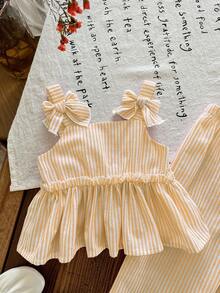 SHEIN LMoss Kids Babygirl 2pcs/Set Summer Cute Yellow Striped Camisole Top & Elastic Waist Long Pants Set - Yellow - View 5