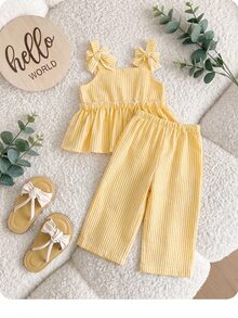 SHEIN LMoss Kids Babygirl 2pcs/Set Summer Cute Yellow Striped Camisole Top & Elastic Waist Long Pants Set - Yellow - View 1