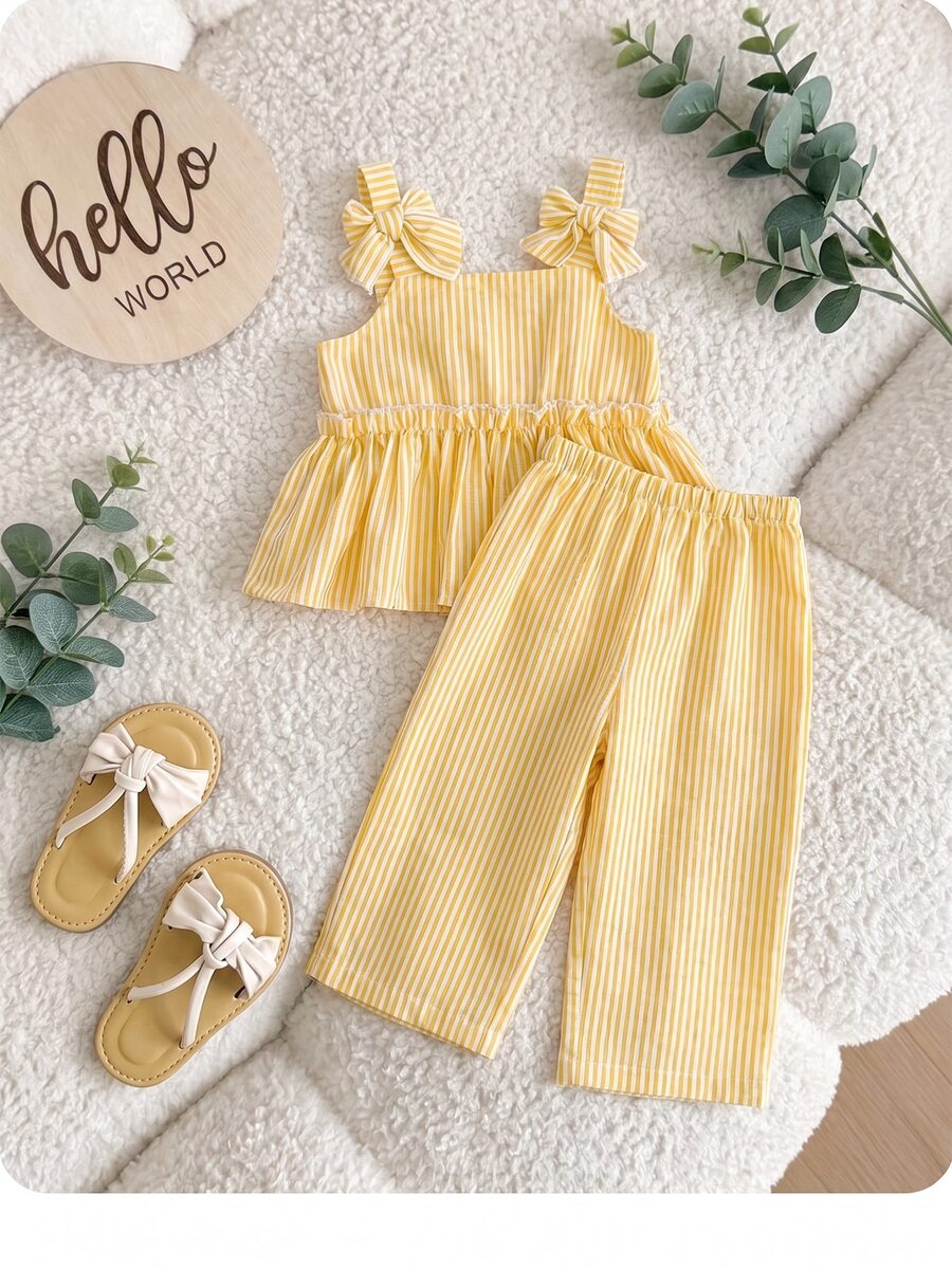 SHEIN LMoss Kids Babygirl 2pcs/Set Summer Cute Yellow Striped Camisole Top & Elastic Waist Long Pants Set - Yellow - View 1