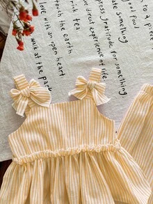 SHEIN LMoss Kids Babygirl 2pcs/Set Summer Cute Yellow Striped Camisole Top & Elastic Waist Long Pants Set - Yellow - View 4