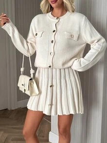 SHEIN طقم كنزة كارديجان بأزرار أمامية وتنورة مطوية بلون موحد للنساء، أبيض مائل للصفرة، أنيق فرنسي، مناسب للمكتب والغداء - كريم - مشاهدة 4