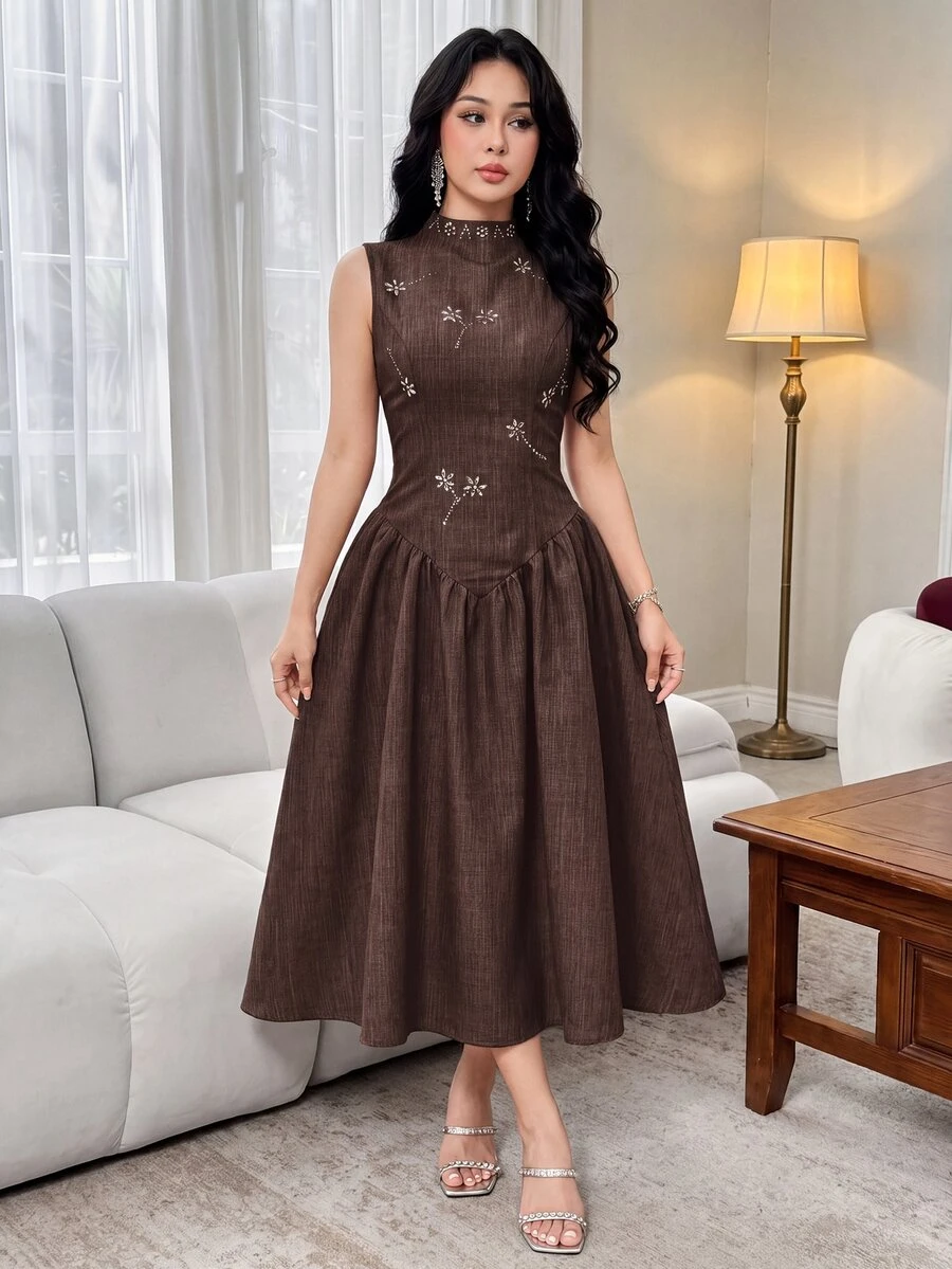 Feyla Women's Summer Elegant Rhinestone Decorated Sleeveless Midi Dress