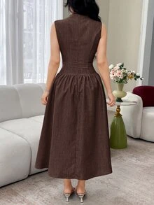 Feyla Women's Summer Elegant Rhinestone Decorated Sleeveless Midi Dress - Coffee Brown - View 7