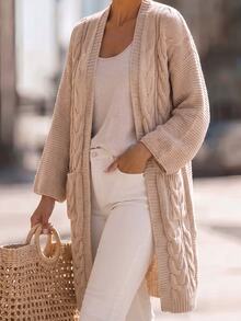 SHEIN LUNE CURVE Slouchy Cable Knit Mid-Length Cardigan, Vintage Loose Fit Oversized Sleeve Pocket Knitted Outerwear Sweater Winter - Khaki - View 5