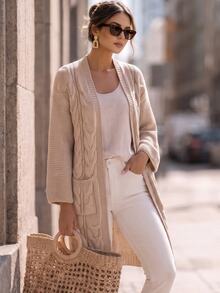 SHEIN LUNE CURVE Slouchy Cable Knit Mid-Length Cardigan, Vintage Loose Fit Oversized Sleeve Pocket Knitted Outerwear Sweater Winter - Khaki - View 4
