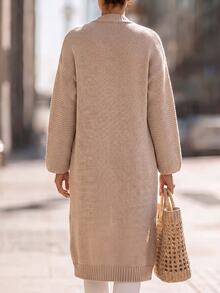 SHEIN LUNE CURVE Slouchy Cable Knit Mid-Length Cardigan, Vintage Loose Fit Oversized Sleeve Pocket Knitted Outerwear Sweater Winter - Khaki - View 2
