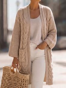 SHEIN LUNE CURVE Slouchy Cable Knit Mid-Length Cardigan, Vintage Loose Fit Oversized Sleeve Pocket Knitted Outerwear Sweater Winter - Khaki - View 1