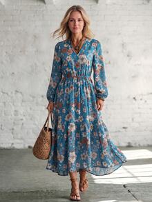 Hansera Elegant Floral Print V-Neck Long Sleeve Dress For Middle-Aged Women, Suitable For Outings And Vacations - Multicolor - View 5