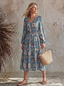 Hansera Elegant Floral Print V-Neck Long Sleeve Dress For Middle-Aged Women, Suitable For Outings And Vacations - Multicolor - View 2