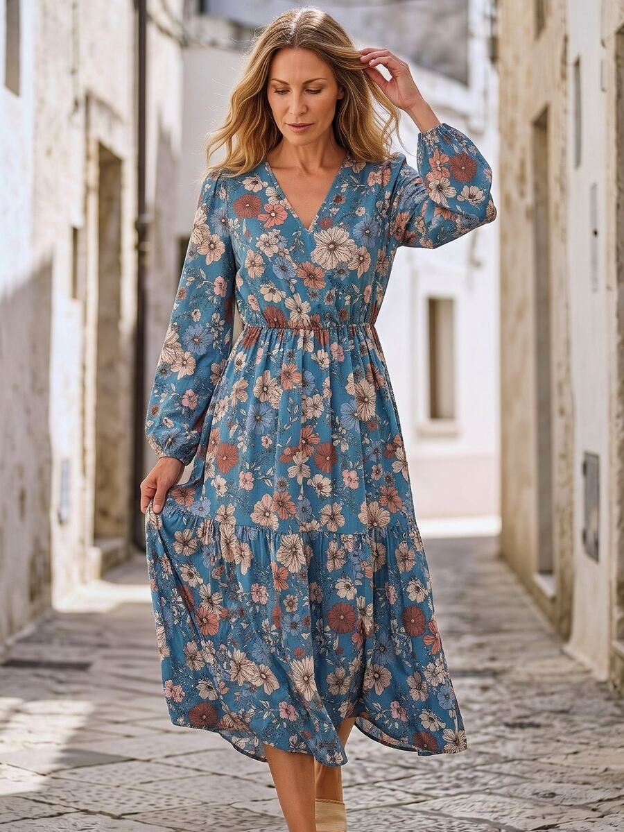 Hansera Elegant Floral Print V-Neck Long Sleeve Dress For Middle-Aged Women, Suitable For Outings And Vacations - Multicolor - View 1
