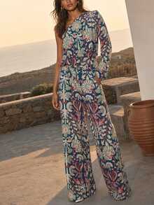 Dancing Leopard Print Ruched Asymmetric Wide Leg Jumpsuit, Date Night Outfit - Multicolor - View 1