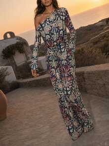Dancing Leopard Print Ruched Asymmetric Wide Leg Jumpsuit, Date Night Outfit - Multicolor - View 3