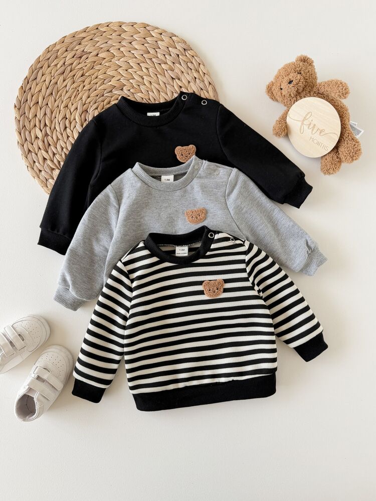 SHEIN Newborn Baby Autumn/Winter Cute Knitted Striped Cartoon Pattern Long Sleeve Sweatshirt 3pcs (Top And Pants Sold Separately) - Black - View 6